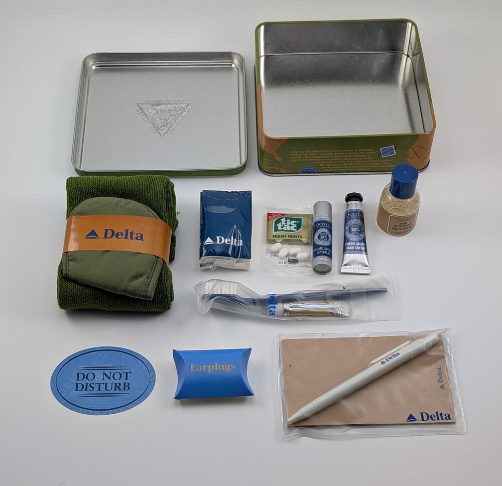 L'Occitane and Delta Airlines Amenity Tin Box NEW OPEN w/ Sealed Amenities